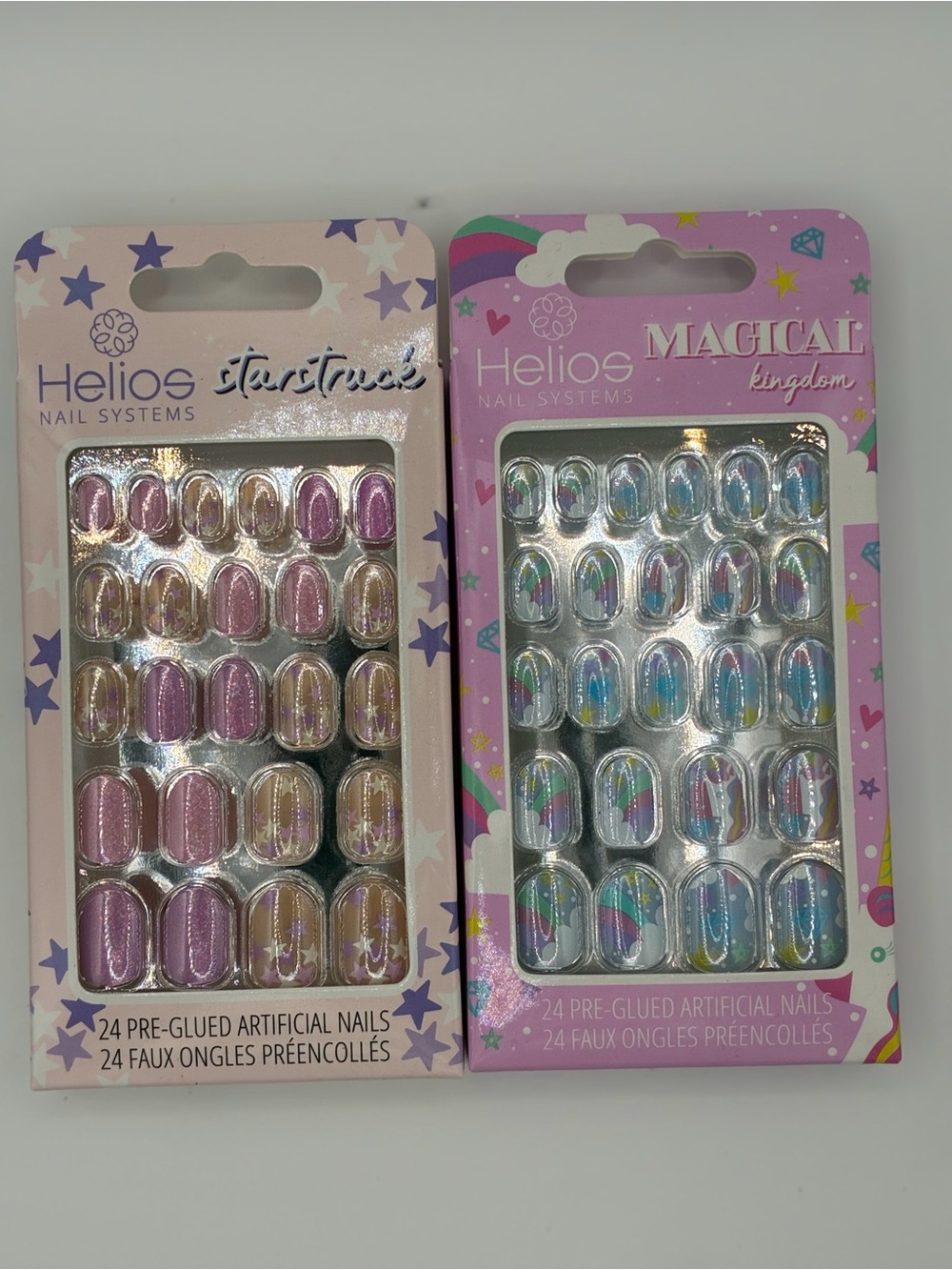 2-Pack Press-On Nails: Sparkly Stars & Unicorns - Pink, Blue, Nude Iridescent
